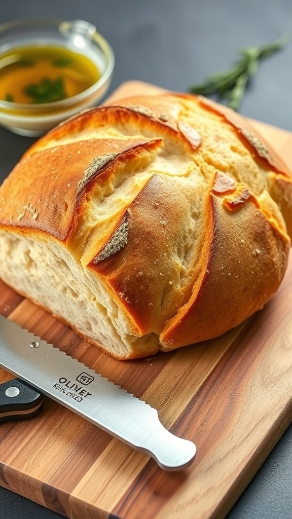 Simple No-Knead Bread Recipe A golden-brown no-knead bread loaf on a cutting board, with steam rising and a knife nearby.